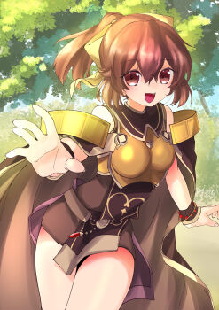 Rule 34 | 1girl, :d, absurdres, armor, bare shoulders, bow, breastplate, brown cape, brown eyes, brown hair, cape, cowboy shot, delthea (fire emblem), dress, fang, fire emblem, fire emblem echoes: shadows of valentia, forest, hair between eyes, hair bow, highres, looking at viewer, nature, nintendo, open mouth, outdoors, ponytail, sleeveless, sleeveless dress, smile, solo, studio sugimoto, yellow bow