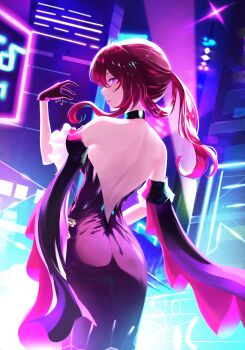 1girl absurdres ass backless_dress backless_outfit bare_back bare_shoulders black_choker choker daiyumee02 detached_sleeves dress gloves hand_up highres honkai:_star_rail honkai_(series) kafka_(honkai:_star_rail) long_hair ponytail purple_dress purple_eyes purple_hair solo standing