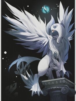 absol animal_focus asymmetrical_horns blue_horns body_fur claws closed_mouth column diamond_(gemstone) feathered_wings gen_3_pokemon hair_over_one_eye highres horns mega_absol mega_evolution_symbol mega_pokemon neck_fur nintendo no_humans pillar pokemon pokemon_(creature) pokemon_focus red_eyes reo_(mmocc123) solo uneven_horns white_fur white_hair white_wings wings