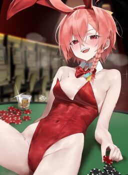 1girl absurdres animal_ears blue_archive bow bowtie braid commentary detached_collar fake_animal_ears highres leotard looking_at_viewer mole mole_under_each_eye mole_under_eye multiple_moles neru_(blue_archive) neru_(bunny)_(blue_archive) not_forever2w oversized_breast_cup pink_hair playboy_bunny poker_chip rabbit_ears red_eyes red_leotard single_braid sitting sitting_on_table symbol-only_commentary