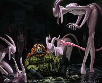 1girl 6+others check_copyright commentary copyright_request dwarf english_commentary green_eyes green_jacket highres horror_(theme) jacket long_hair monster monster_girl multiple_others no_eyes red_hair scared smile tail teeth warhammer_40k water zarzaliel