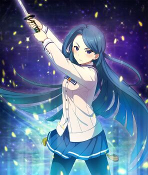 1girl aqua_hair arms_up black_pantyhose blue_sailor_collar blue_skirt blunt_ends breasts closed_mouth cowboy_shot dot_nose fighting_stance game_cg glowing holding holding_sword holding_weapon jacket katana legs_apart long_hair long_sleeves official_art outstretched_arms pantyhose purple_eyes sailor_collar serious skirt small_breasts solo sword tassel third-party_source toji_no_miko toji_no_miko:_kizamishi_issen_no_tomoshibi two-handed watanuki_kazumi weapon white_jacket