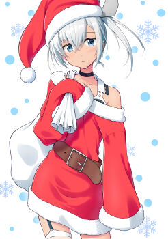 1girl absurdres blue_eyes christmas dace_(kancolle) fur-trimmed_headwear fur-trimmed_shirt fur-trimmed_sleeves fur_trim garter_straps grey_hair hat headgear highres holding holding_sack kantai_collection kiryu_naoto long_sleeves red_hat red_shirt sack santa_costume santa_hat shirt side_ponytail single_garter_strap solo swimsuit swimsuit_under_clothes two-tone_one-piece_swimsuit