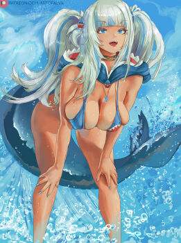 Rule 34 | 1girl, absurdres, adapted costume, aged up, alternate breast size (larger), alternate hairstyle, alva (artofalva), bare legs, bent over, bikini, blue eyes, blue hair, blue nails, blunt bangs, breasts, cleavage, covered erect nipples, cutesexyrobutts (style), deep skin, feet out of frame, fins, fish tail, gawr gura, grey hair, hands on own knees, hanging breasts, highres, hololive, hololive english, hood, jewelry, large breasts, long hair, looking ahead, multicolored hair, neck ring, necklace, open mouth, shark print, shark tail, sharp teeth, simple background, smile, solo, streaked hair, swimsuit, tail, tan, tanline, teeth, twintails, virtual youtuber, white background