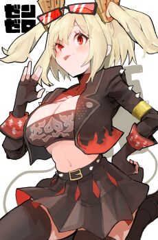 1girl absurdres belted_skirt black_jacket black_skirt black_thighhighs black_tube_top blonde_hair blush breasts burnice_white cleavage commentary_request cowboy_shot eyewear_on_head fingerless_gloves gloves hand_on_own_hip highres jacket large_breasts midriff navel red-tinted_eyewear red_eyes short_twintails simple_background skirt solo spiked_belt spiked_jacket strapless sunglasses taipe_pepe thighhighs tinted_eyewear tongue tongue_out tube_top twintails white_background zenless_zone_zero