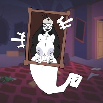 1girl blank_eyes breasts completely_nude crown friday_night_funkin&#039; gallo_wazavi ghost highres large_breasts nude nun open_mouth picture_frame taki_(friday_night_funkin&#039;) white_eyes