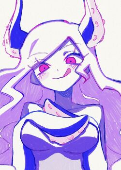 1girl bare_shoulders blue_skin blush breasts closed_mouth collarbone colored_skin commentary_request grey_hair highres large_breasts long_hair looking_at_viewer molly_(omori) omori red_eyes simple_background smile solo tentacle_hair tongue tongue_out upper_body white_background yksm_oe