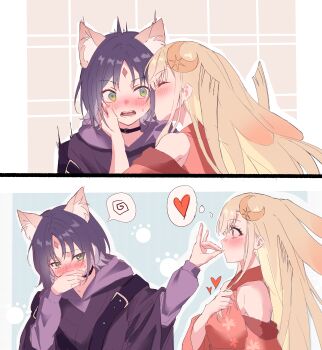 2girls absurdres animal_ears black_choker blush brown_hair cho_kaguya-hime! choker commentary embarrassed english_commentary heart highres kaguya_(cho_kaguya-hime!) kiss kissing_cheek long_hair long_sleeves multiple_girls open_mouth rabbit_ears sakayori_iroha short_hair spoken_heart squiggle yuha6666 yuri