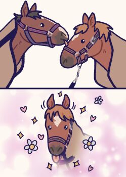 animal_focus blanket brown_horse closed_mouth daitoko flower heart highres horse horse_blanket licking licking_another&#039;s_face meisho_doto_(racehorse) no_humans real_life star_(symbol) taiki_shuttle_(racehorse) tongue tongue_out