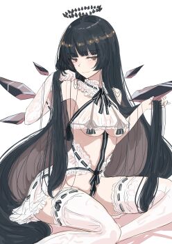 1girl absurdres arknights bare_shoulders black_eyes black_hair black_halo black_wings blush breasts capelet cleavage cropped_shirt detached_wings elbow_gloves energy_wings fingerless_gloves frilled_capelet frilled_shirt frilled_thighhighs frills gloves halo hand_in_own_hair highres ken_(shutenndouji1) kneeling long_hair looking_at_viewer medium_breasts mole mole_under_eye see-through_clothes see-through_shirt shirt simple_background single_glove smile solo thighhighs underboob underwear very_long_hair virtuosa_(arknights) white_background white_capelet white_gloves white_thighhighs wings