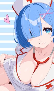 1girl blue_background blue_eyes blue_hair blush_stickers breasts cleavage collarbone commentary_request cross hair_ornament hair_over_one_eye hat heart highres large_breasts looking_at_viewer nurse nurse_cap paid_reward_available re:zero_kara_hajimeru_isekai_seikatsu red_cross rem_(re:zero) remnia short_hair short_sleeves smile solo stethoscope stethoscope_around_neck stethoscope_between_breasts x_hair_ornament