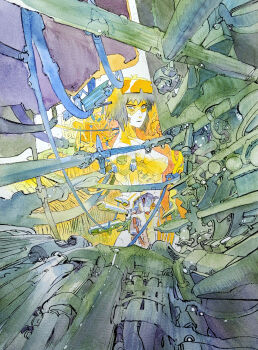 1girl absurdres black_hair bob_cut breasts closed_mouth cybernetic cyborg eyewear_on_head ghost_in_the_shell highres kusanagi_motoko looking_at_viewer matias_bergara mechabare mechanical_arms medium_breasts painting_(medium) sidelocks solo traditional_media upper_body watercolor_(medium) wire wiring