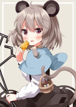 1girl animal_ears basket bishamonten&#039;s_pagoda black_skirt blue_capelet blush capelet cheese commentary_request cowboy_shot dowsing_rod food grey_hair hand_up highres holding holding_food long_sleeves looking_at_viewer mouse_(animal) mouse_ears mouse_tail nazrin open_mouth prehensile_tail red_eyes ruu_(tksymkw) shirt short_hair skirt solo tail touhou white_shirt