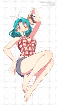 :p absurdres arm_up barefoot breasts checkered_background closed_mouth copyright_name denim denim_shorts feet from_below green_hair grey_shorts hair_ribbon highres holding holding_sandals idolmaster idolmaster_million_live! looking_at_viewer omitsu orange_eyes pixiv_id plaid_clothes ribbon sandals shorts sitting spaghetti_strap toes tokugawa_matsuri tongue tongue_out twitter_username unworn_sandals white_background white_ribbon