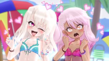 2girls 3d ahegao aqua_nails beach beach_umbrella bikini blonde_hair blush bow bracelet chloe_von_einzbern clenched_hands collarbone dark-skinned_female dark_skin dot_nose fate/kaleid_liner_prisma_illya fate_(series) fingernails flat_chest green_bikini gs-mantis hair_bow hair_ornament hairclip hands_up heart heart-shaped_pupils highres illyasviel_von_einzbern jewelry loli long_fingernails long_hair looking_at_viewer multiple_girls nail_polish one_eye_closed open_mouth outdoors palm_tree pink_bikini pink_bow pink_hair purple_nails saliva side_ponytail sky smile swimsuit symbol-shaped_pupils teeth tongue tongue_out tree umbrella upper_body upper_teeth_only wink