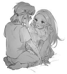 Rule 34 | 1boy, 1girl, blush, breasts, cleavage, ear piercing, full body, greyscale, highres, link, long hair, looking at another, medium hair, monochrome, nightgown, nintendo, pants, parted lips, piercing, pointy ears, princess zelda, shirt, short ponytail, sitting, the legend of zelda, the legend of zelda: breath of the wild, turippy