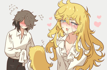 1boy 1girl after_fellatio andre_grandier black_pants blonde_hair blue_eyes blush breasts brown_hair cleavage collarbone collared_shirt cum cum_on_body facial full-face_blush heart hetero long_hair medium_hair meremero one_eye_closed open_mouth oscar_francois_de_jarjayes pants shirt small_breasts straight_hair upper_body versailles_no_bara very_long_hair white_shirt wing_collar