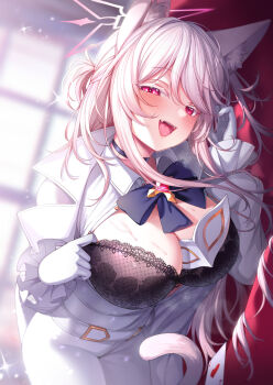 1girl absurdres akira_(blue_archive) animal_ear_fluff animal_ears belt between_breasts black_bra black_choker blue_archive blurry blush bra breasts breasts_out breath card cat_ears cat_girl cat_tail choker colored_eyelashes depth_of_field domino_mask eye_mask fangs gloves half-closed_eyes halo hand_up hashtag-only_commentary heart highres lace lace_bra large_breasts long_hair looking_at_viewer lying mask on_side open_mouth pants partially_unbuttoned pink_halo playing_card puffy_short_sleeves puffy_sleeves red_eyes shirt short_sleeves sidelocks solo sparkle sweat tail togami_(tobysou526) underwear white_belt white_eyelashes white_gloves white_hair white_pants white_shirt white_tail