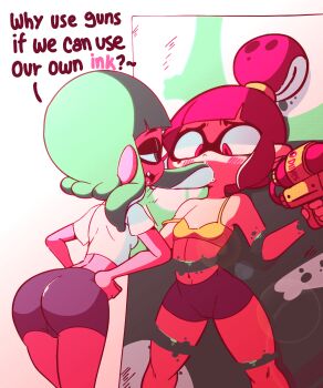 2girls against_wall animated animated_gif ass bike_shorts blue_hair bound bound_arms bound_legs cameltoe crop_top diives english_text fangs feeding femdom force-feeding highres ink inkling inkling_girl inkling_player_character leaning_forward looking_at_another multiple_girls navel nintendo open_mouth oral pink_hair shorts splatoon_(series) sports_bra stomach strap_slip tentacle_hair tentacles topknot yuri