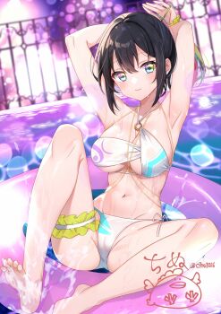 1girl armpits arms_behind_head arms_up bare_shoulders barefoot bikini black_hair blue_eyes blurry bokeh breasts cameltoe cinu cleavage closed_mouth commentary_request commission depth_of_field feet frilled_thigh_strap highres innertube knee_up large_breasts navel o-ring o-ring_bikini short_hair side-tie_bikini_bottom sitting smile soles solo stomach string_bikini swim_ring swimsuit thigh_strap thighs toes vrchat wet white_bikini