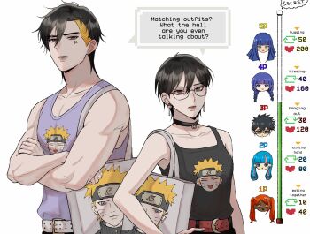 1boy 5girls ada_(boruto) akimichi_chouchou bag belt black_choker black_eyes black_hair black_tank_top blonde_hair blue_eyes boruto:_two_blue_vortex braid casual choker crossed_arms dark-skinned_female dark_skin earrings english_text eyebrow_piercing face_piercing glasses highres holding holding_bag ifevilwhyuhot jewelry kakei_sumire kawaki_(boruto) like_and_retweet low_twin_braids multicolored_hair multiple_girls muscular muscular_male naruto_(series) naruto_shippuuden orange_eyes orange_hair piercing pink_hair purple_eyes purple_hair purple_tank_top red_belt shared_speech_bubble short_hair speech_bubble stud_earrings tank_top tote_bag twin_braids twintails two-tone_hair uchiha_sarada uchiha_symbol undercut uzumaki_himawari uzumaki_naruto very_dark_skin white_belt