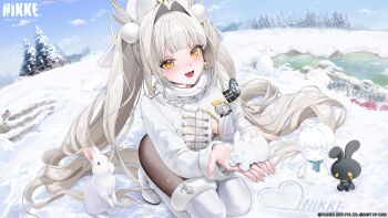 Rule 34 | 1girl, absurdres, black pantyhose, blanc (fortune express) (nikke), blanc (nikke), day, dora (garyeong), goddess of victory: nikke, hair intakes, hat, highres, jacket, long hair, long sleeves, looking at viewer, open mouth, outdoors, pantyhose, smile, snow, solo, squatting, white hat, white jacket, yuri