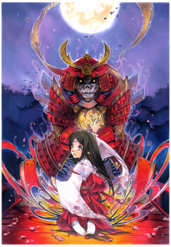 1girl arm_up armor black_hair bridge facial_mark forehead_mark from_behind full_moon ghost glowing glowing_eyes grey_eyes helmet highres japanese_armor japanese_clothes jonathan_liang kabuto_(helmet) kneeling kusazuri long_hair looking_back miko moon night open_mouth original outdoors petals pointy_ears shikoro skull smile summoning toounit traditional_media wide_sleeves