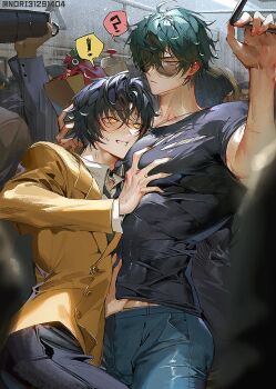 ! 2boys ? accidental_pervert asaba_harumasa black_hair black_pants black_shirt blush brown_jacket collared_shirt covered_abs green_hair groceries groping hand_on_another's_chest hand_on_another's_stomach hand_on_handle hand_up holding jacket leather leather_pants lighter_(zenless_zone_zero) male_focus multiple_boys muscular muscular_male pants runa_(nori31291404) shirt spoken_exclamation_mark spoken_question_mark sunglasses sweatdrop toned toned_male train white_shirt yaoi yellow_eyes zenless_zone_zero