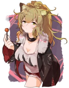 1girl animal_ears arknights black_collar black_jacket blonde_hair breasts candy cleavage closed_mouth collar commentary_request cropped_legs cutoffs food fur-trimmed_jacket fur-trimmed_shorts fur_trim hair_between_eyes half-closed_eyes holding holding_candy holding_food holding_lollipop jacket jamir large_breasts lion_ears lion_girl lollipop long_hair long_sleeves looking_at_viewer open_clothes open_jacket ponytail red_shorts shirt short_shorts shorts siege_(arknights) solo studded_collar tank_top white_tank_top yellow_eyes