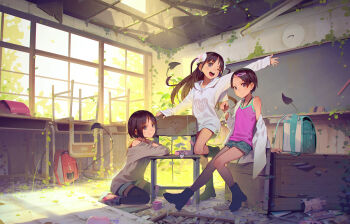3girls :p abandoned_building backpack bag boots brown_hair chair chalkboard child classroom day desk flat_chest flower flower_on_head full_body jacket kneeling leaf long_hair moss muk_(monsieur) multiple_girls one_eye_closed one_leg_raised open_mouth shoes short_hair shorts sitting smile sweater tail tongue tongue_out upper_body window wooden_desk
