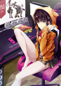 1girl absurdres akitsugu_akiyama animal_hood asakura_karen_(heaven_burns_red) bag_of_chips bare_legs barefoot black_hair blunt_bangs bow bowtie chair chips_(food) closed_mouth computer_keyboard controller food game_console game_controller gamepad gaming_chair grey_skirt gun heaven_burns_red highres holding holding_controller holding_game_controller hood hooded_jacket hoodie jacket joystick knee_up long_hair long_sleeves looking_at_viewer miniskirt monitor nintendo_switch office_chair open_clothes open_hoodie orange_hoodie plaid_clothes plaid_skirt playstation_controller pleated_skirt potato_chips shirt sitting skirt smile solo swivel_chair tail thighs video_game weapon yellow_eyes