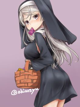 1girl akino_shuu artist_name basket black_dress breasts candy commentary_request conte_di_cavour_(kancolle) dress food from_behind gradient_background grey_hair holding holding_basket kantai_collection large_breasts long_hair long_sleeves mouth_hold nun purple_background purple_eyes solo twitter_username
