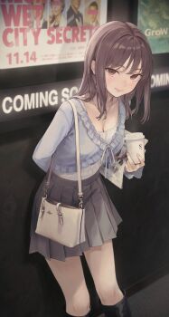 1girl absurdres arm_behind_back bag blue_shirt blush boots breasts brown_eyes brown_hair cleavage closed_mouth coffee collarbone cup feet_out_of_frame frilled_shirt frills grey_skirt handbag highres holding jewelry knee_boots leaning_forward long_hair long_sleeves looking_at_viewer medium_breasts necklace original outdoors pleated_skirt poster_(object) shirt shoulder_bag skirt smile solo standing sugai_(4ugaii) white_shirt