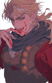 1boy absurdres blonde_hair blood blood_on_clothes blood_on_face blood_on_hands dangsineun_meotjyeo! dio_brando ear_birthmark fangs highres jojo_no_kimyou_na_bouken licking_own_finger long_hair male_focus mullet phantom_blood red_eyes scarf solo vampire