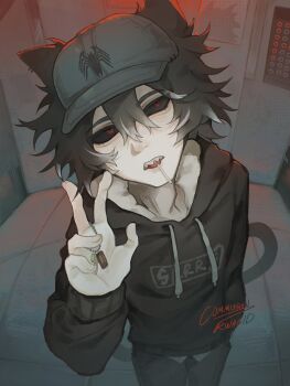 1boy animal_ears baseball_cap black_hoodie black_sclera blue_hat cat_boy cat_ears cat_tail colored_sclera commission cowboy_shot elevator elevator_door hat highres hood hoodie indoors male_focus pants player_character_(roblox) red_eyes roblox rwacid solo tail teeth