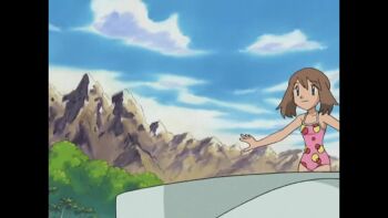 1girl animated arms_up barefoot blue_eyes boat breasts brown_hair casual_one-piece_swimsuit child collarbone crossed_arms day diving eyelashes fanservice feet female_focus from_below full_body halterneck happy highres knee_up knees lake legs legs_together may_(pokemon) medium_hair missing_headwear nintendo no_gloves official_alternate_costume official_art one-piece_swimsuit open_hands outdoors outstretched_arms pink_one-piece_swimsuit pokemon pokemon_(anime) pokemon_ag019 pokemon_the_series:_ruby_and_sapphire running sidelocks skin_tight small_breasts smile spaghetti_strap splashing swept_bangs swimsuit talking thighs toenails toes turning_head video watercraft