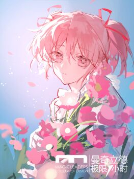 1girl absurdres blue_sky bouquet center_frills chinese_commentary closed_mouth commentary_request day dress expressionless eyelashes flower frilled_dress frilled_sleeves frills gloves hair_between_eyes hair_ribbon highres holding holding_bouquet kaname_madoka layla_836829767 light_particles magical_girl mahou_shoujo_madoka_magica mahou_shoujo_madoka_magica_(anime) outdoors petals pink_eyes pink_flower pink_hair puffy_short_sleeves puffy_sleeves red_ribbon ribbon short_hair short_sleeves short_twintails sky solo sun twintails upper_body watermark white_dress white_gloves