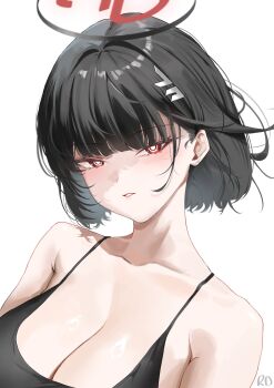 1girl black_hair black_halo black_tank_top blue_archive breasts bright_pupils cleavage halo highres large_breasts millennium_science_school_logo multicolored_halo red_eyes rio_(blue_archive) ryudraw short_hair spaghetti_strap tank_top two-tone_halo white_pupils