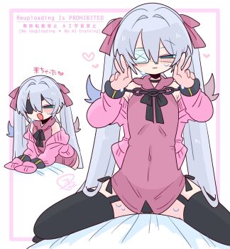 1boy :3 :o armpit_crease bare_shoulders black_choker black_panties black_ribbon black_thighhighs blue_eyes blue_hair blush bow bulge cardigan choker collared_shirt colored_tips commentary covered_navel crossdressing crossdressing_(mtf) cuffs double-parted_bangs double_v eyepatch fang flipped_hair frilled_shirt_collar frills full_body garter_straps hair_between_eyes hair_bow hair_intakes handcuffs hands_up heart highres long_hair long_sleeves looking_at_viewer male_focus medical_eyepatch multicolored_hair multiple_views narrowed_eyes neck_ribbon no_nose off_shoulder one_eye_covered op_na_yarou open_cardigan open_clothes open_mouth original panties pink_bow pink_cardigan pink_shirt quad_tails raised_eyebrows red_hair ribbon rigel_(op_na_yarou) shirt side-tie_panties sidelocks simple_background sleeveless sleeveless_shirt sleeves_past_fingers sleeves_past_wrists spread_legs straddling straight_hair sweat sweatdrop thighhighs thighs trap underwear v very_long_hair white_background white_hair