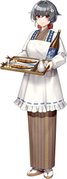 1girl akasaka_yuzu apron black_hair brown_kimono fish fish_(food) grilled_fish hair_flaps hair_ornament holding holding_tray japanese_clothes jingei_(kancolle) jingei_(saury_festival)_(kancolle) kantai_collection kimono low_ponytail official_alternate_costume official_art ponytail red_eyes saury smile solo striped_clothes striped_kimono transparent_background tray vertical-striped_clothes vertical-striped_kimono whale_hair_ornament white_apron