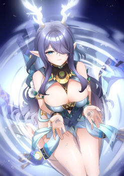 1girl absurdres antlers armlet bare_shoulders barefoot blue_dress blue_eyes breasts cleavage commentary_request crescent dress from_above genshin_impact glowing_antlers hair_over_one_eye highres horns jewelry large_breasts lauma_(genshin_impact) long_hair looking_at_viewer mako_(cvyt5325) partially_submerged pointy_ears purple_hair ripples sitting smile solo wariza water