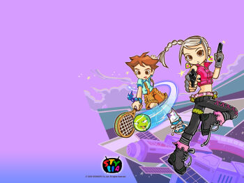 1boy 1girl 2005 aiming aiming_at_viewer ankle_socks ball bandaid bandaid_on_knee bandaid_on_leg belt belt_pouch belted_vest black_boots black_nails black_socks blue_neckerchief blue_shirt blue_shoes blue_sleeves boots braid breasts brown_eyes brown_hair brown_shorts buttons camouflage_belt collared_vest commentary_request company_name copyright_notice cropped_vest cross-laced_pants dated dual_wielding earrings english_text eyelashes fashion fingerless_gloves fingernails full_body gloves gradient_background grey_gloves grey_hair grey_socks gun hair_ornament hair_tie hairclip half_updo heart heart_earrings high_collar holding holding_gun holding_tennis_racket holding_weapon jewelry korean_commentary lace-trimmed_boots lace-up_boots lace_trim leather leather_boots leg_up looking_at_object looking_at_viewer love_forty medium_breasts midriff miro_(stylia) miru_(stylia) nail_polish neckerchief negative_space official_art official_wallpaper open_mouth pants pink_belt pink_vest pocket pouch print_socks purple_background racket shirt shoes short_hair short_sleeves shorts side_braid sidelocks single_braid sleeve_cuffs sneakers socks space space_station star_(sky) star_(symbol) star_print striped_clothes striped_socks stylia suspender_shorts suspenders sweatpants teeth tennis_ball tennis_racket the_tv_heroes thick_eyebrows thick_lineart thigh_belt thigh_strap third-party_source twisted_torso two-tone_socks vest weapon wing_collar wrist_neckerchief