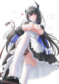 1girl absurdres almonxtea alternate_costume apron asymmetrical_horns black_hair black_panties black_shoes black_skirt black_sleeves blue_hair breasts cameltoe closed_mouth colored_inner_hair commentary contrast_collar covered_navel demon_horns detached_sleeves english_commentary enmaided flower frilled_apron frilled_skirt frills from_below gloves heart high_heels highres holding hololive hololive_english horn_flower horns juliet_sleeves large_breasts long_hair long_sleeves looking_at_viewer maid mole mole_under_eye multicolored_hair nerissa_ravencroft no_shirt panties pasties pov puffy_sleeves shoes simple_background skirt skirt_hold slit_pupils smile solo thighhighs underwear uneven_horns very_long_hair virtual_youtuber waist_apron white_apron white_background white_gloves white_thighhighs white_wrist_cuffs wrist_cuffs