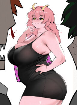 Rule 34 | 1girl, 2boys, aged up, ashido mina, ashido mina time-skip (meme), bag, black dress, black nails, black sclera, blood, blush, body freckles, boku no hero academia, breasts, cleavage, colored sclera, colored skin, dress, freckles, freckles on breasts, from side, hand on own hip, hand to own mouth, horns, huge breasts, judies, judies (judynharmonia), long hair, mature female, midoriya izuku, multiple boys, nosebleed, pantylines, pink hair, pink skin, plump, sharp teeth, shoulder bag, shoulder freckles, smile, standing, teeth, thick thighs, thighs, tight clothes, tight dress, white background, yellow eyes