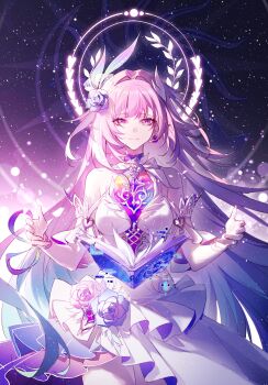 1girl absurdres bare_shoulders book breasts chinese_commentary commentary_request cyrene_(honkai:_star_rail) cyrene_(ripples_of_past_reverie)_(honkai:_star_rail) diamond-shaped_pupils diamond_(shape) dress flower hair_flower hair_ornament halo highres honkai:_star_rail honkai_(series) large_breasts long_hair open_book pink_hair pointy_ears purple_eyes seven60755660 sky solo star_(sky) starry_sky symbol-shaped_pupils very_long_hair white_dress