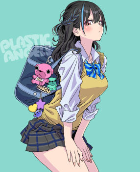 bag black_hair blue_bow blue_bowtie blue_hair blush bow bowtie braid breasts closed_mouth commentary copyright_name cowboy_shot expressionless half_up_braid hands_on_own_thighs highres lanna_(plastic_angels) leaning_forward looking_at_viewer medium_breasts miniskirt multicolored_hair orange_eyes pink_nails plaid_clothes plaid_skirt plastic_angels school_bag school_uniform shirt simple_background skirt stuffed_toy sweater_vest two-tone_hair white_shirt yamashita_shun'ya yellow_sweater_vest