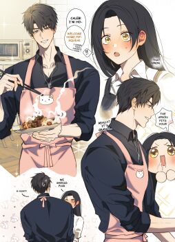 1boy 1girl :o apron black_hair black_shirt blush brown_eyes caleb_(love_and_deepspace) chopsticks couple drooling english_text evil_fishie food height_difference hetero highres holding holding_chopsticks holding_plate long_hair love_and_deepspace pink_apron plate protagonist_(love_and_deepspace) purple_eyes shirt short_hair speech_bubble standing staring straight_hair sweatdrop talking