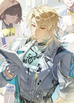 1girl 2boys absurdres aqua_shirt blonde_hair brown_hair closed_mouth coat commentary english_commentary gloves gradient_clothes gradient_shirt hair_between_eyes highres holding holding_paper long_hair luuk_herssen_(wuthering_waves) male_focus multicolored_hair multiple_boys paper red_eyes shirt sleeve_rolled_up smile solo_focus streaked_hair toriumu upper_body white_coat white_gloves wuthering_waves