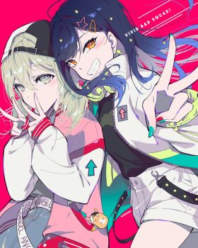 2girls :d arrow_(symbol) azusawa_kohane backwards_hat baseball_cap belt black_hair black_hat black_shirt blonde_hair blue_hair blue_pants blush breasts bright_pupils closed_mouth clothes_writing commentary_request cowboy_shot denim denim_shorts double-parted_bangs double_w earrings expressionless foreshortening gradient_hair green_jacket green_nails grey_shirt grin hair_behind_ear hair_between_eyes hair_ornament hairclip hands_up hat highres illustluce jacket jeans jewelry korean_commentary letterboxed long_hair long_sleeves looking_at_viewer medium_hair multicolored_hair multicolored_jacket multicolored_nails multiple_girls nail_polish open_clothes open_jacket open_mouth orange_eyes pants pink_jacket project_sekai puffy_long_sleeves puffy_sleeves reaching reaching_towards_viewer red_background red_nails shiraishi_an shirt shirt_tucked_in short_shorts shorts sidelocks simple_background sleeves_past_wrists small_breasts smile standing star_(symbol) star_earrings star_hair_ornament swept_bangs tsurime twintails two-tone_hair two-tone_hat two-tone_headwear two-tone_jacket v very_long_hair w white_belt white_hat white_jacket white_pupils white_shorts yellow_eyes