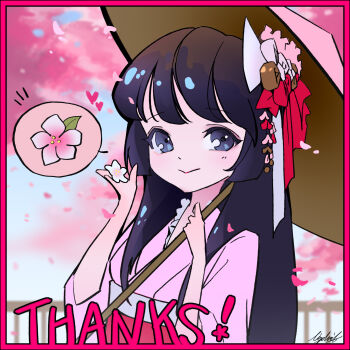 Rule 34 | 1girl, black eyes, black hair, border, closed mouth, commentary, dot nose, english commentary, falling petals, flower, hair ornament, hands up, highres, holding, holding flower, holding umbrella, japanese clothes, kanzashi, kimono, lizchief, long hair, looking at viewer, original, parasol, petals, pink border, pink flower, pink kimono, signature, smile, solo, thank you, umbrella, upper body